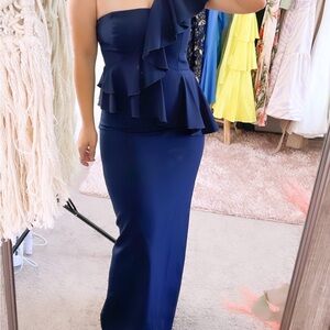 Dark blue one shoulder gown